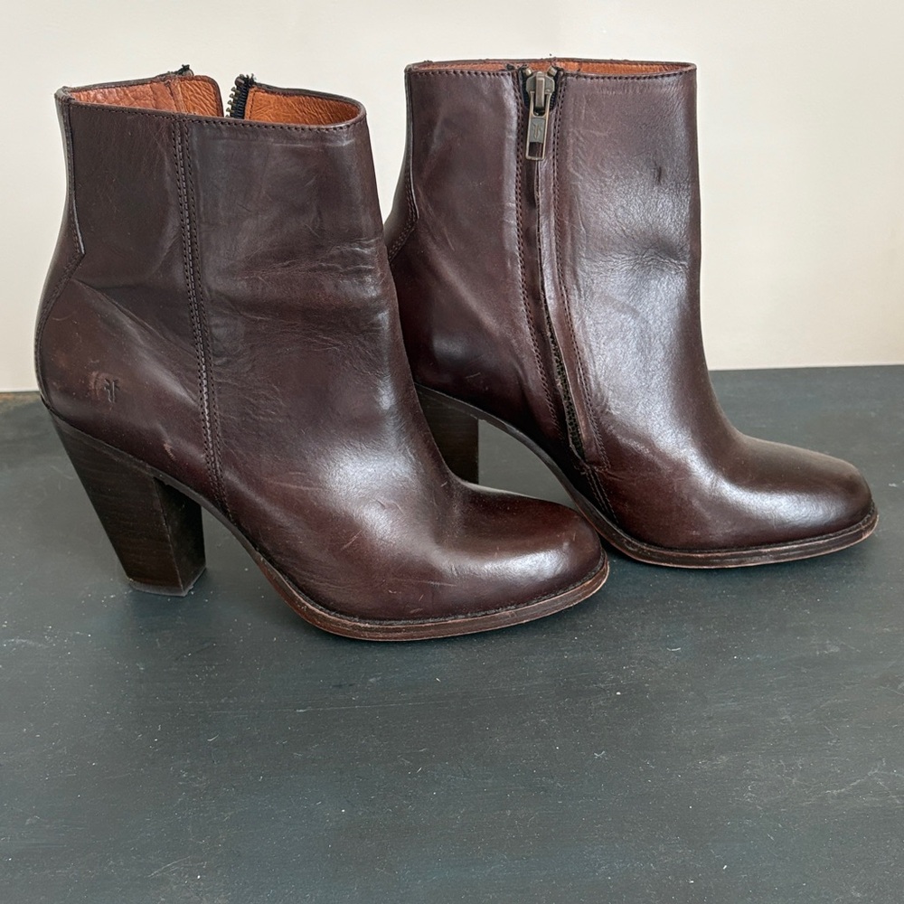 Frye Dark Brown Leather Ankle Booties.